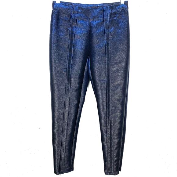Ramy Brook Lucinda Metallic Blue Lamé Pants Skinny Ankle Zip High Rise Size 00 - Picture 1 of 9